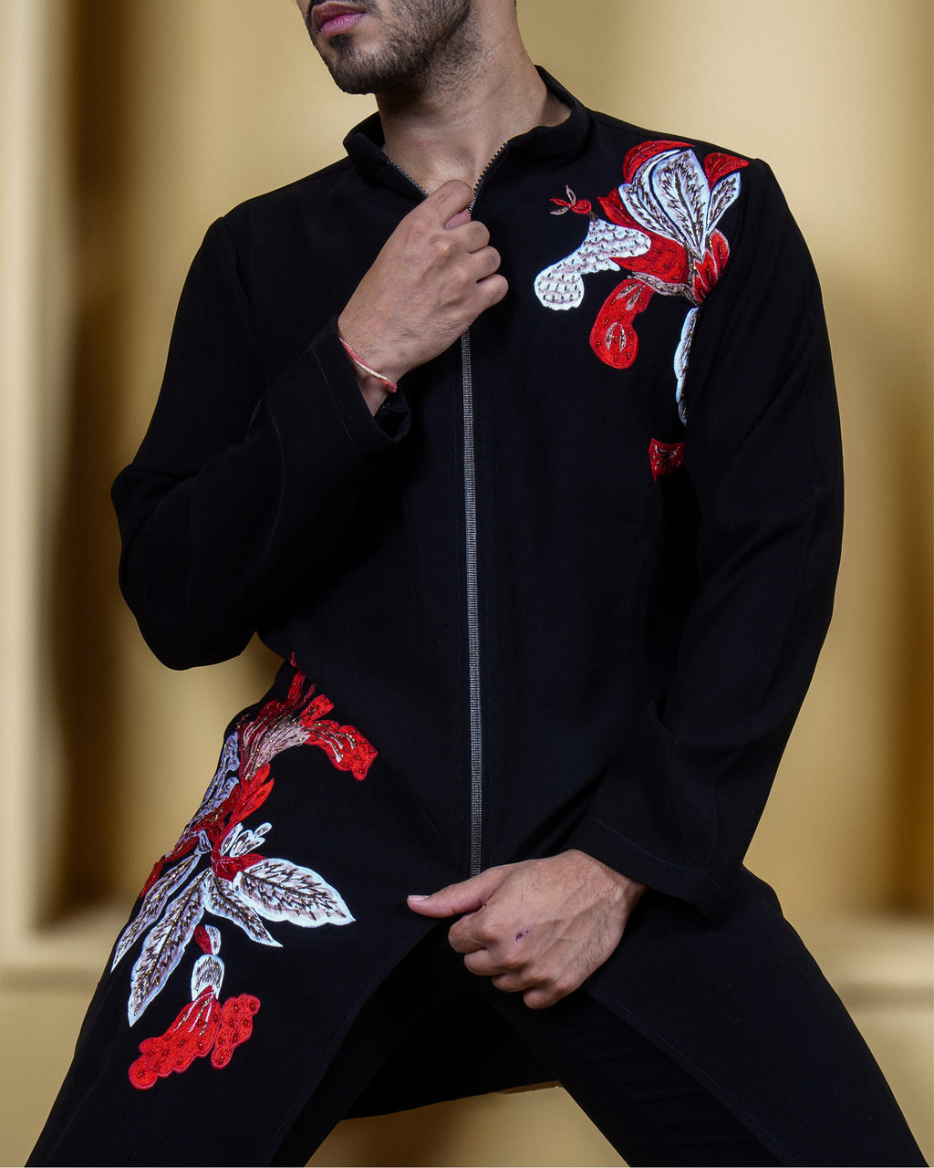 Crimson Bloom Black Embroidered Zip Kurta