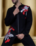 Crimson Bloom Black Embroidered Zip Kurta