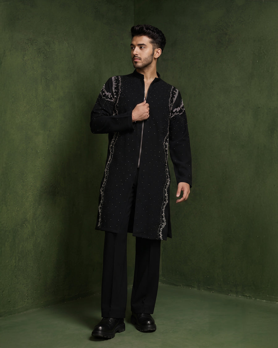Shadow Light Black Embroidered Zip Kurta
