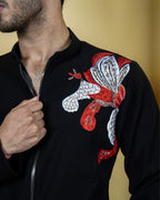 Crimson Bloom Black Embroidered Zip Kurta
