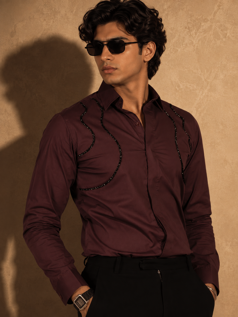 WAVE EMBROIDERED WINE SHIRT