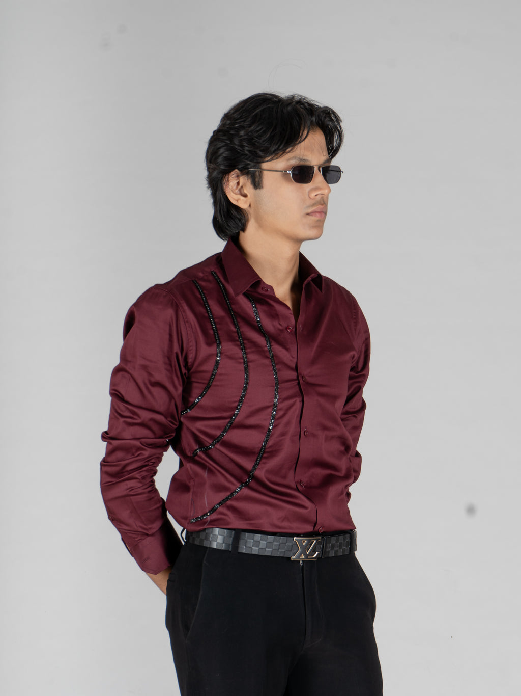 3 WAVE EMBROIDERED WINE SHIRT - Menoir