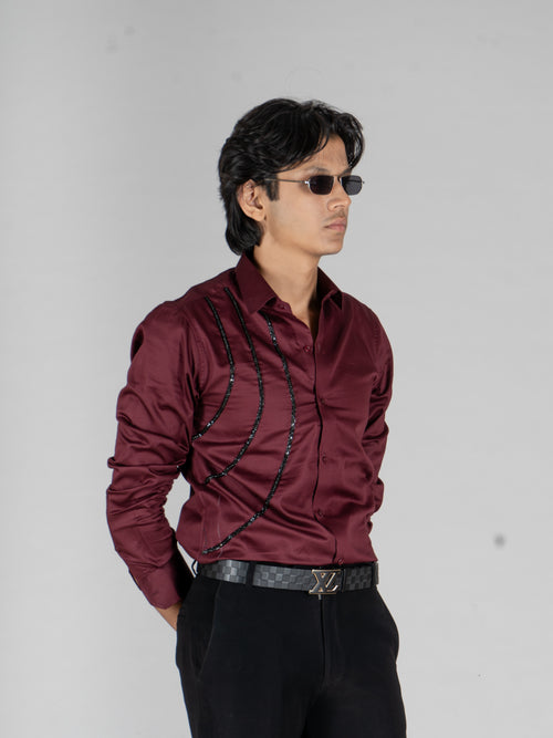 3 WAVE EMBROIDERED WINE SHIRT - Menoir