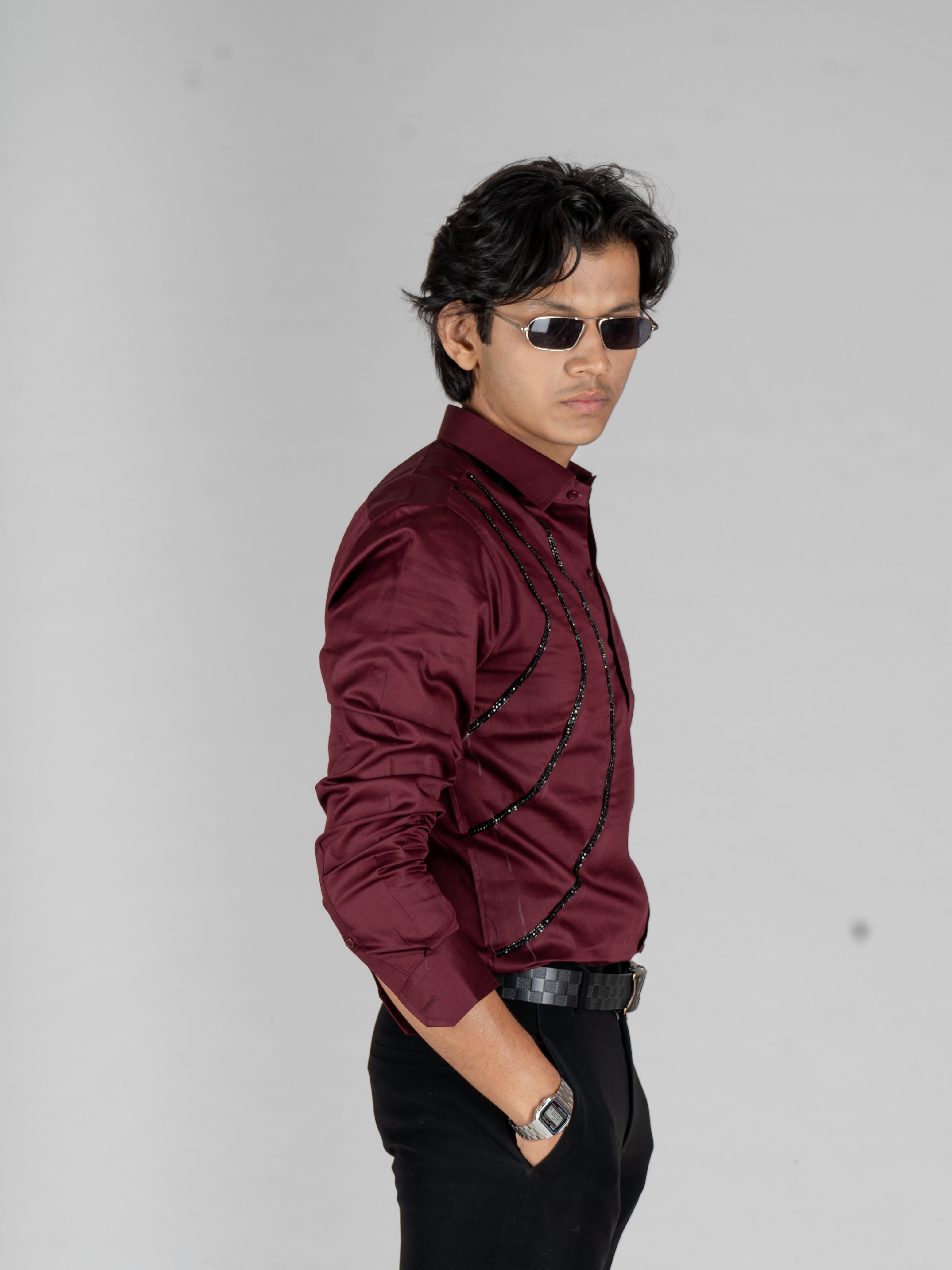 3 WAVE EMBROIDERED WINE SHIRT - Menoir