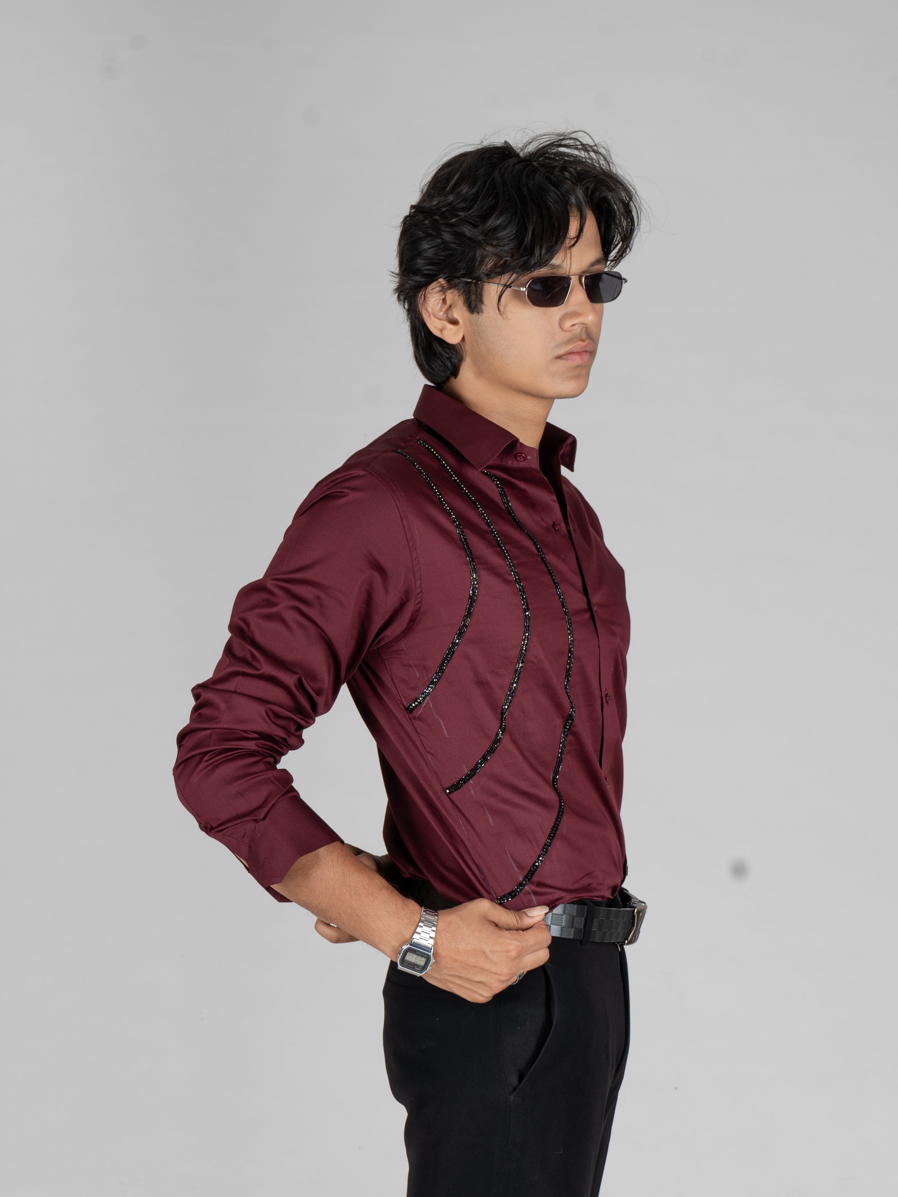 3 WAVE EMBROIDERED WINE SHIRT - Menoir