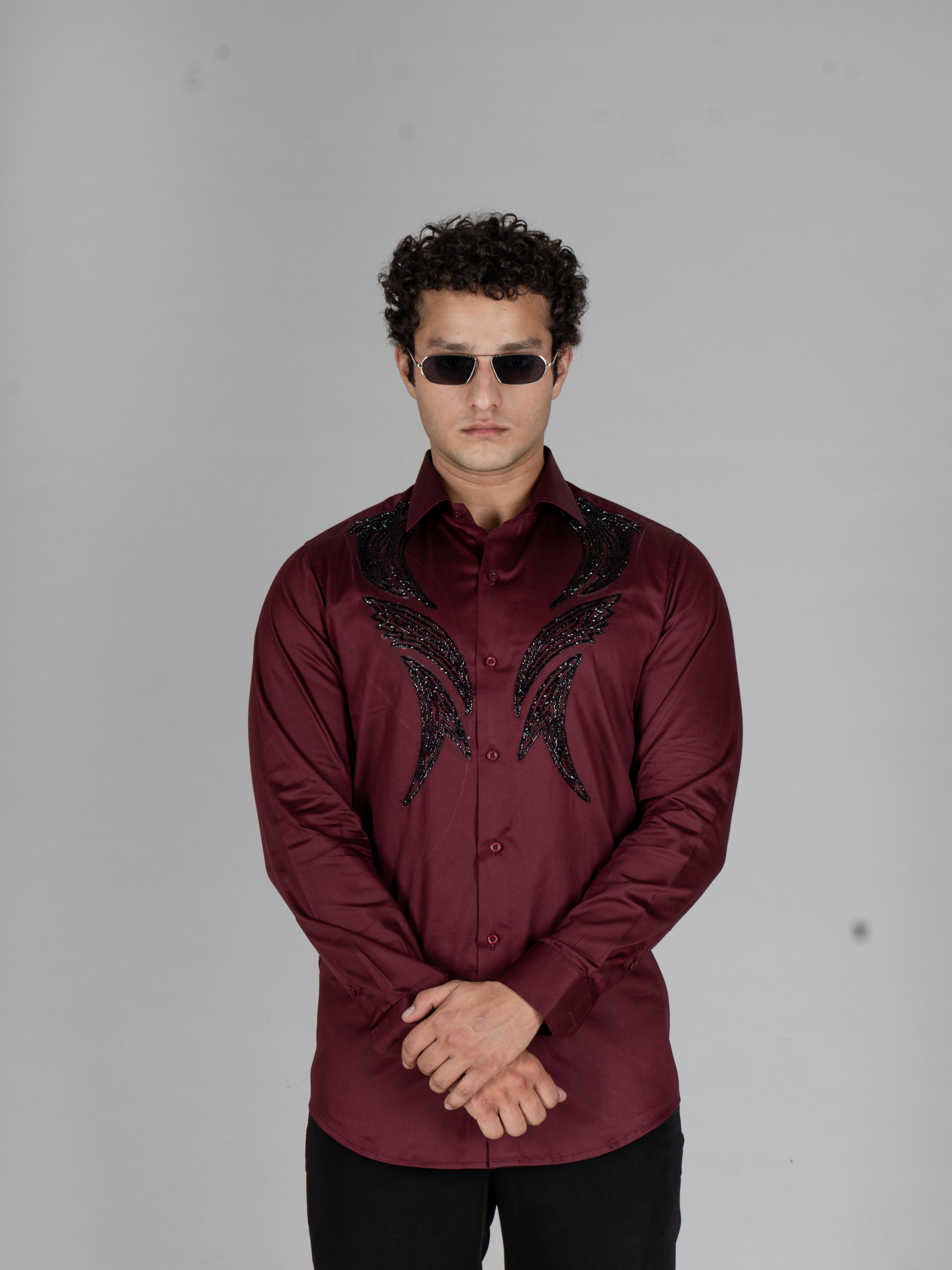 CENTERED WINE EMBROIDERED SHIRT - Menoir