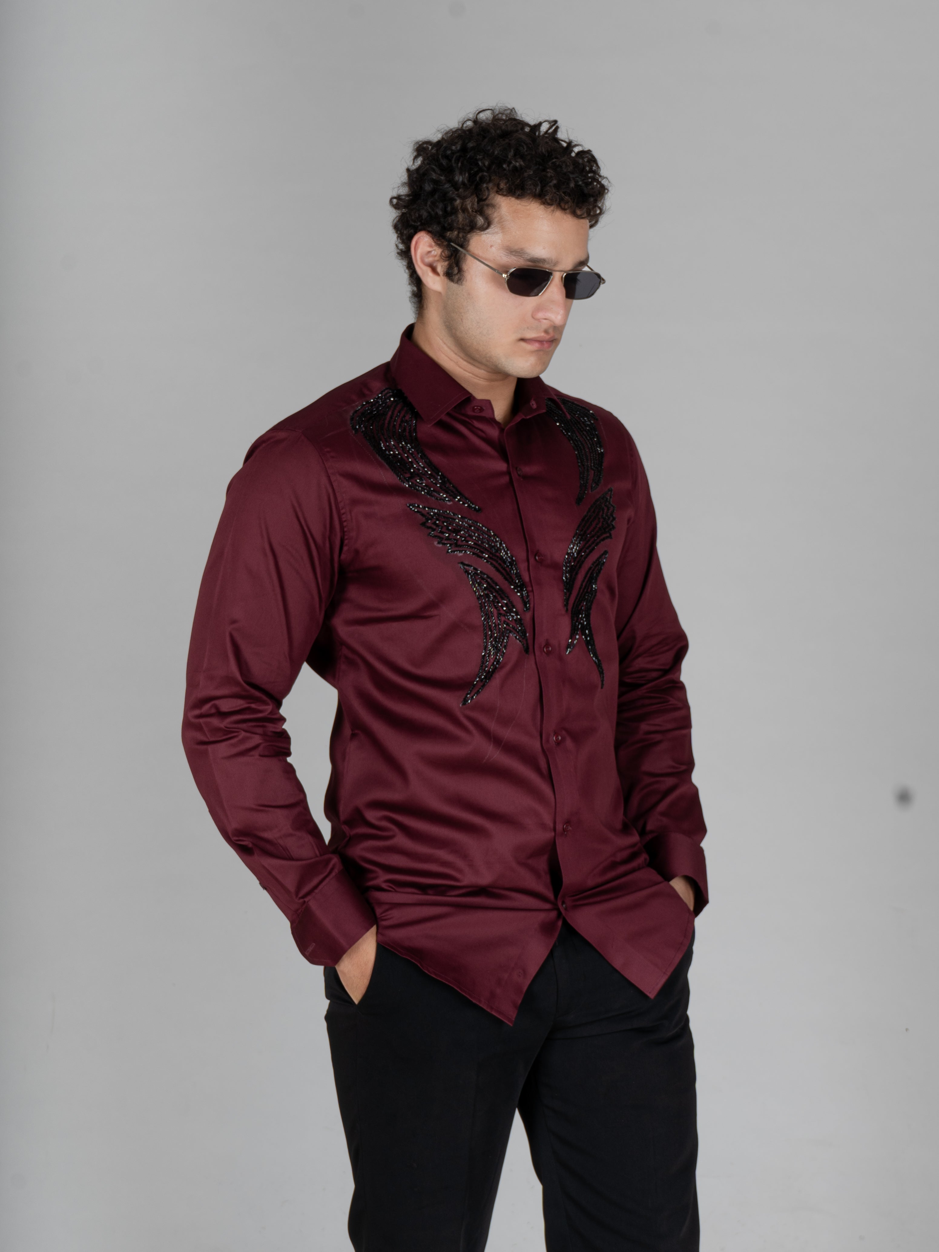 CENTERED WINE EMBROIDERED SHIRT - Menoir