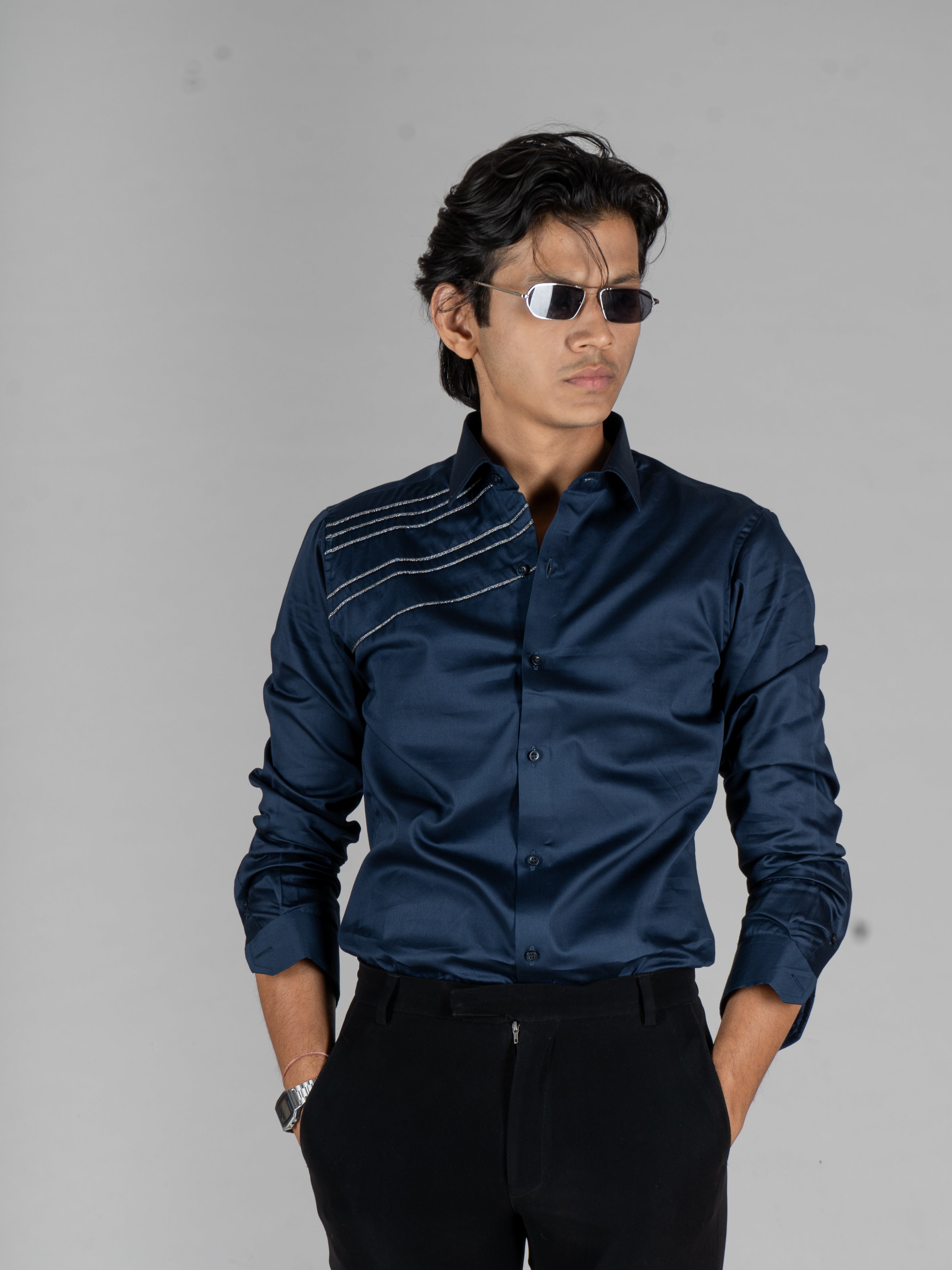 3 GLAZE LINE NAVY BLUE SHIRT - Menoir