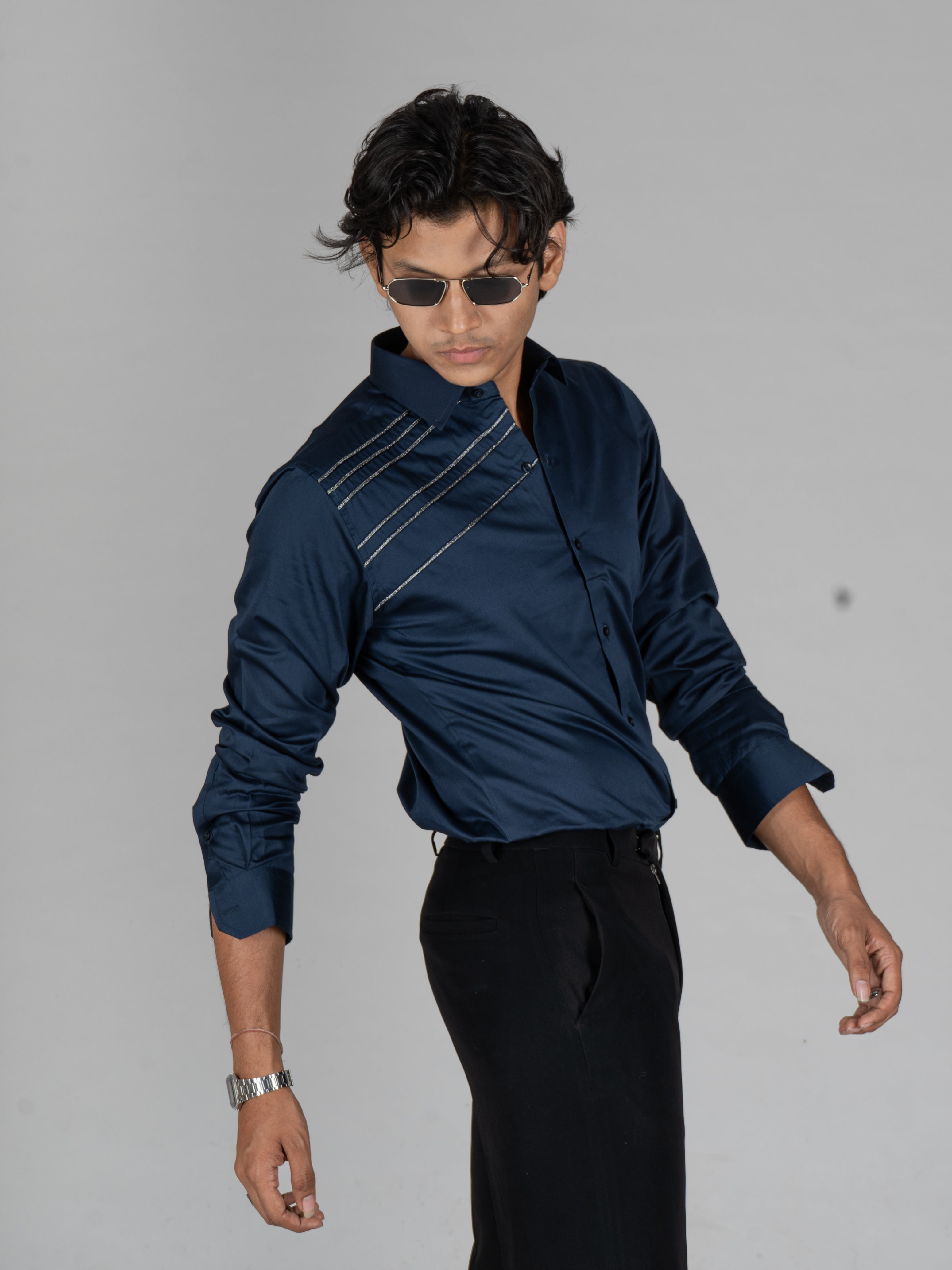 3 GLAZE LINE NAVY BLUE SHIRT - Menoir