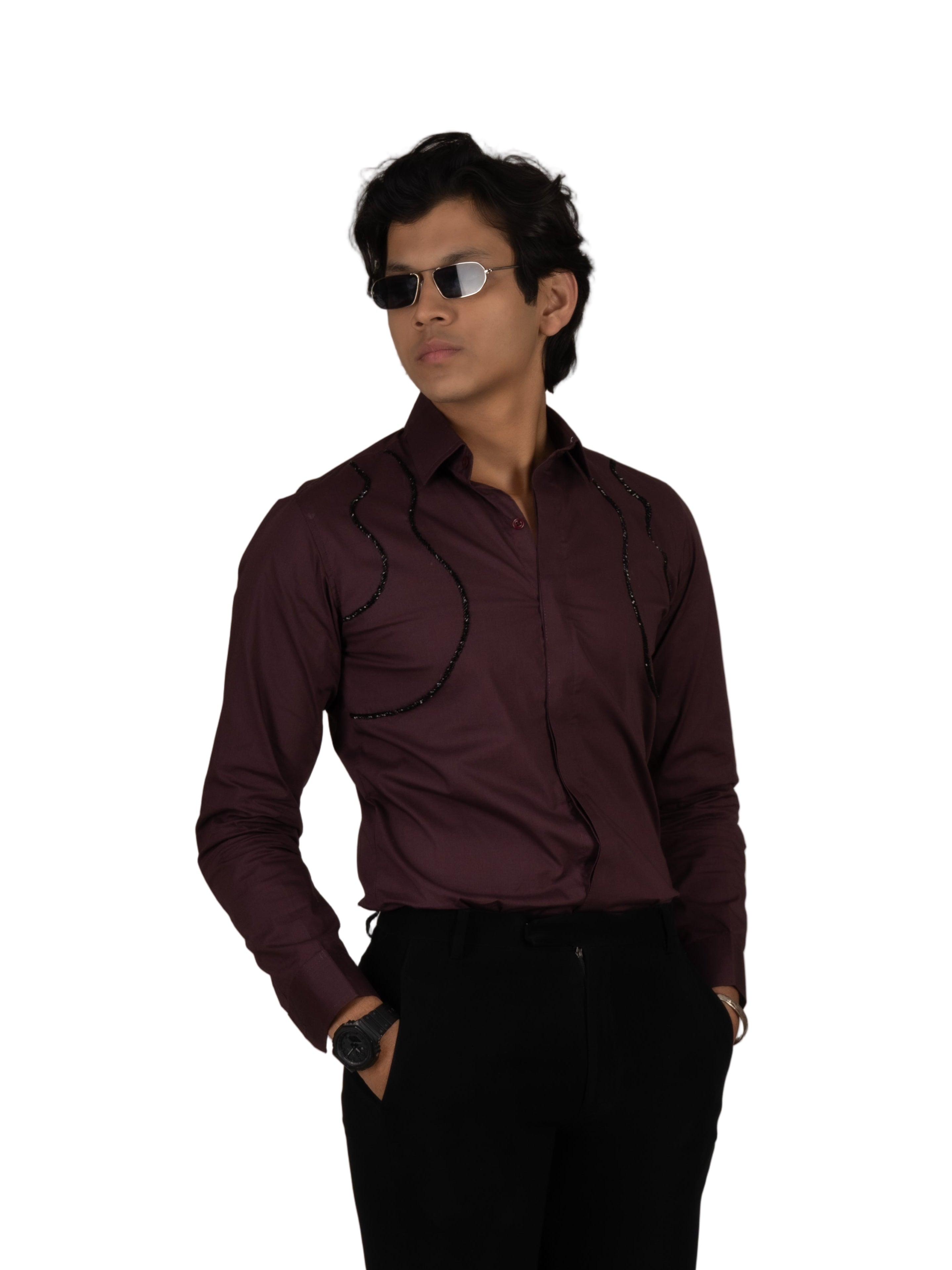 WAVE EMBROIDERED WINE SHIRT - Menoir