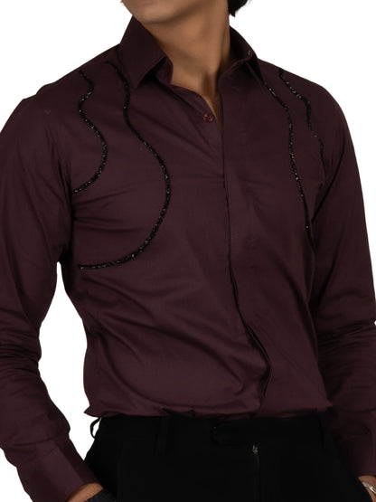 WAVE EMBROIDERED WINE SHIRT