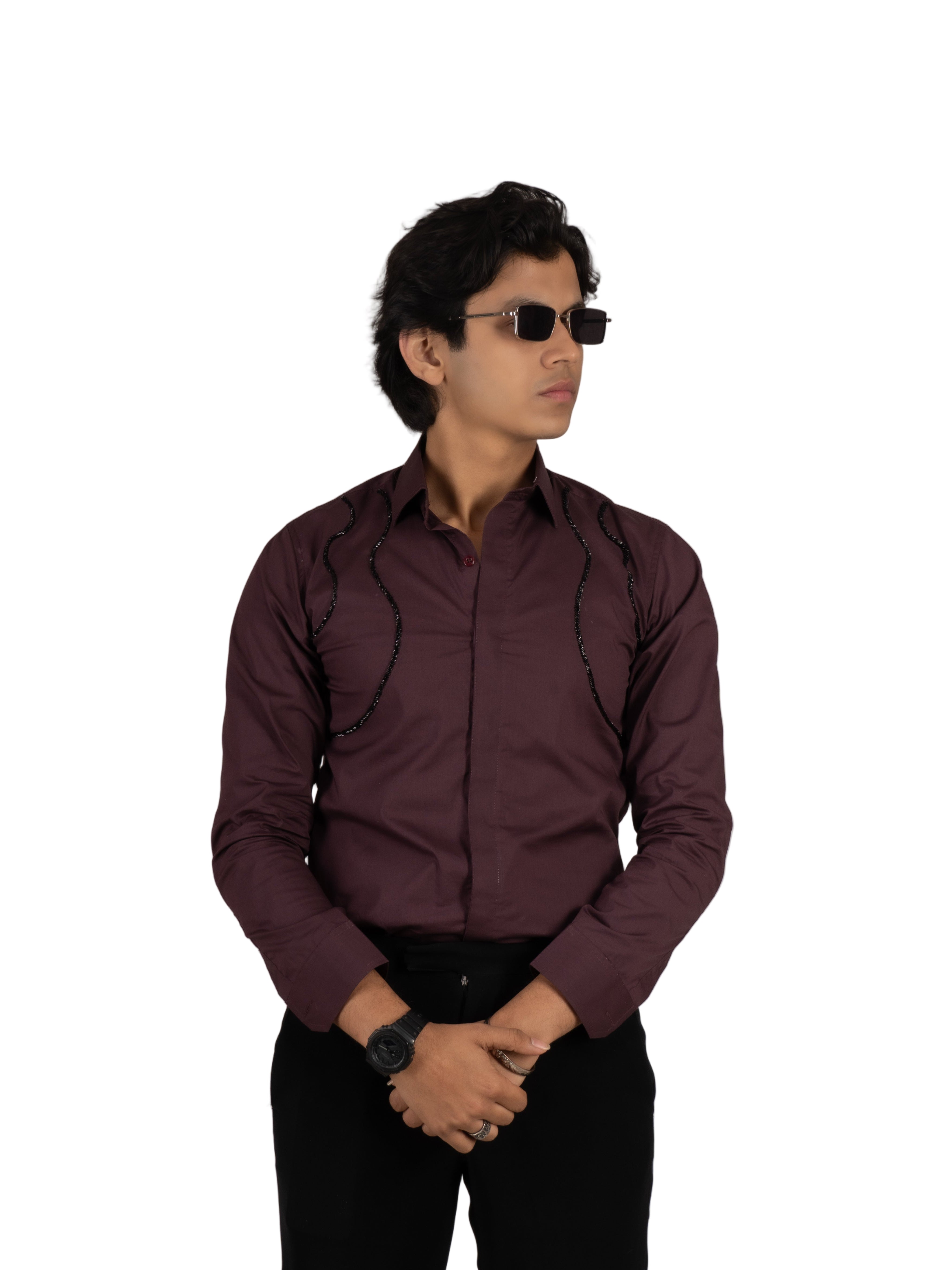 WAVE EMBROIDERED WINE SHIRT - Menoir
