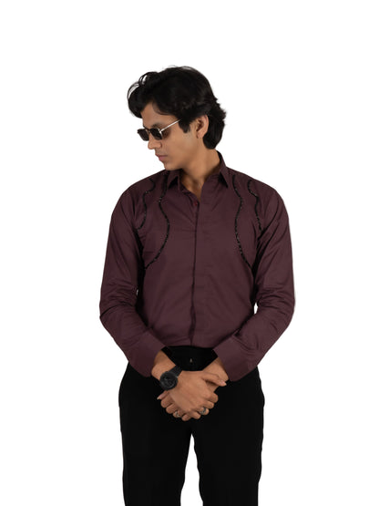 WAVE EMBROIDERED WINE SHIRT