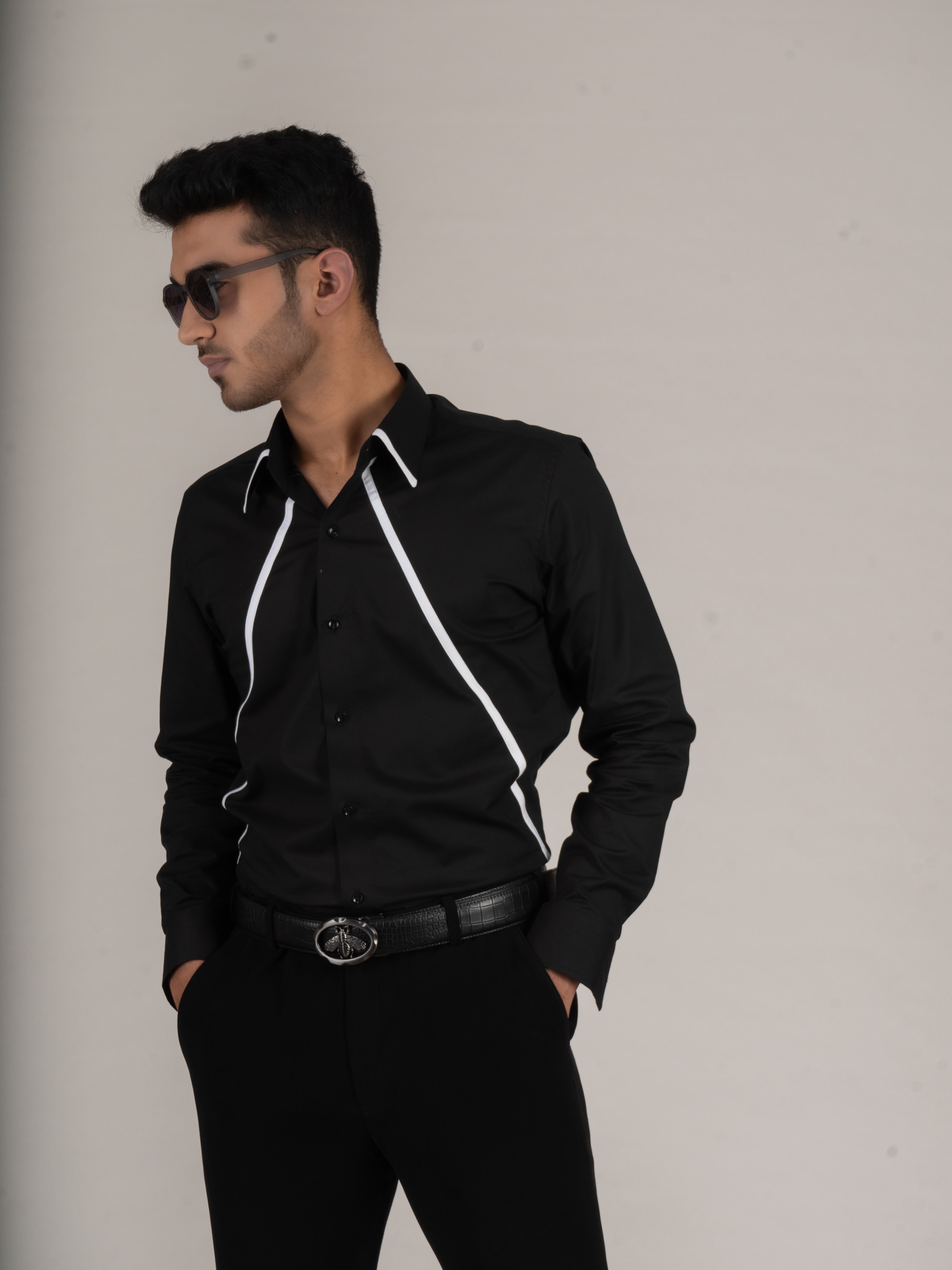 DIAGONAL STRIPES BLACK SHIRT - Menoir