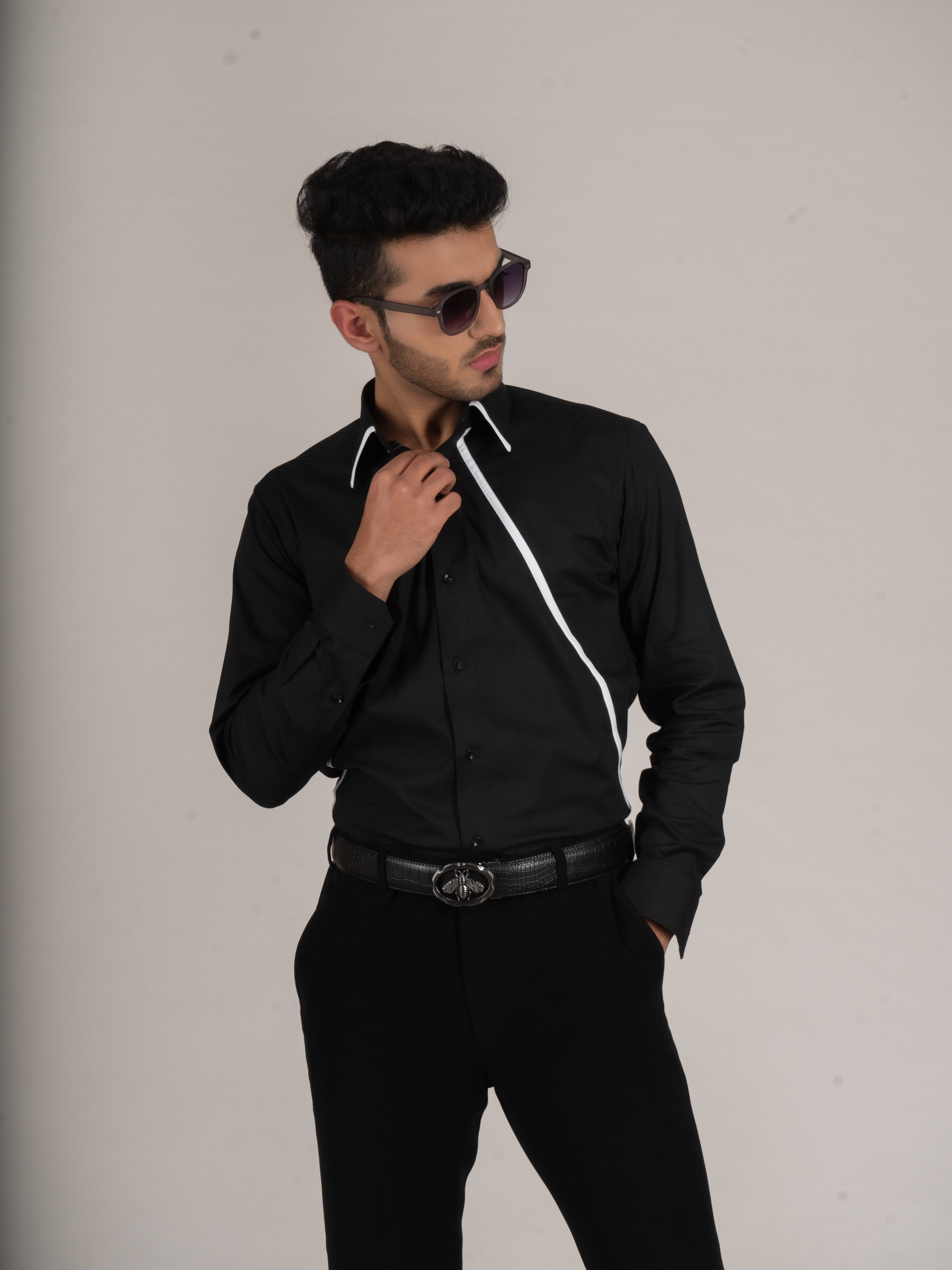 DIAGONAL STRIPES BLACK SHIRT - Menoir