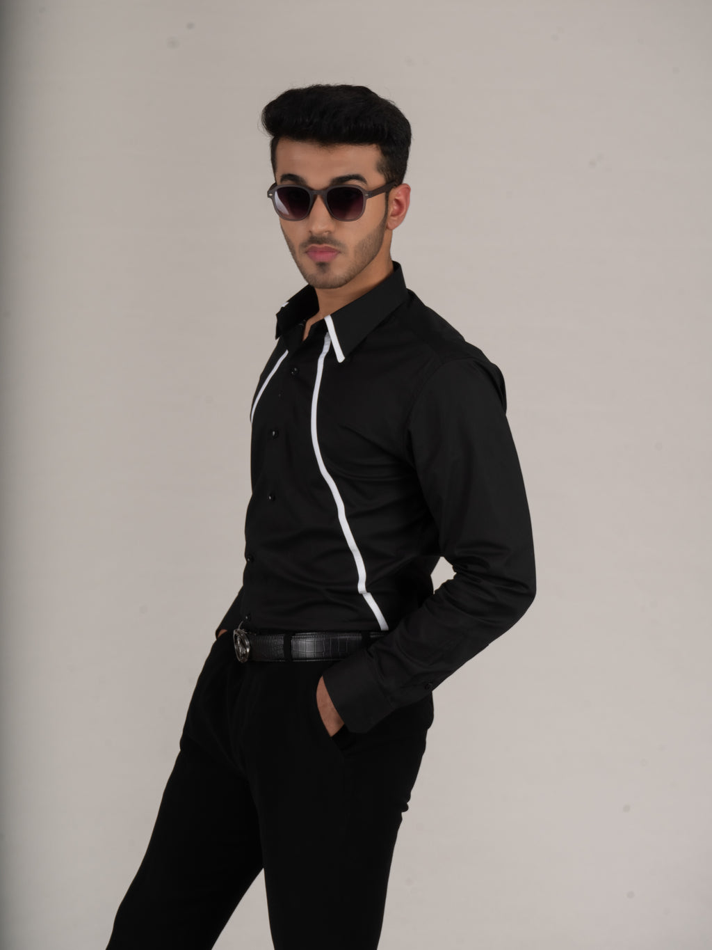 DIAGONAL STRIPES BLACK SHIRT - Menoir