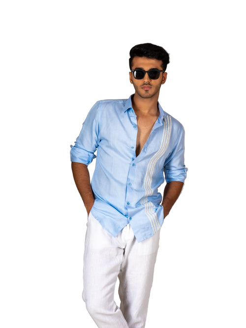 4 STRIPE SKY BLUE LINEN SHIRT - Menoir