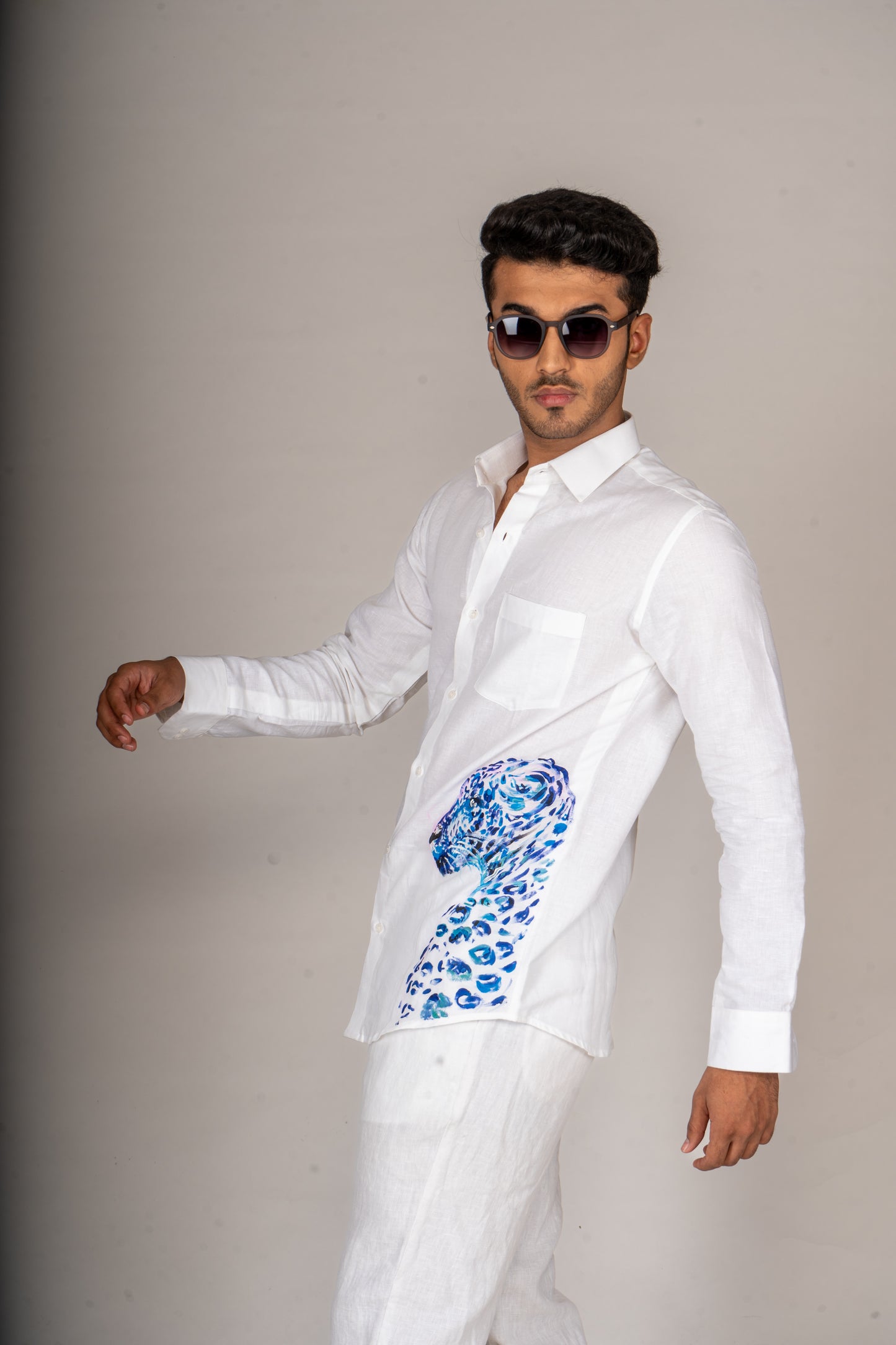 CHEETAH PAINTED WHITE LINEN SHIRT