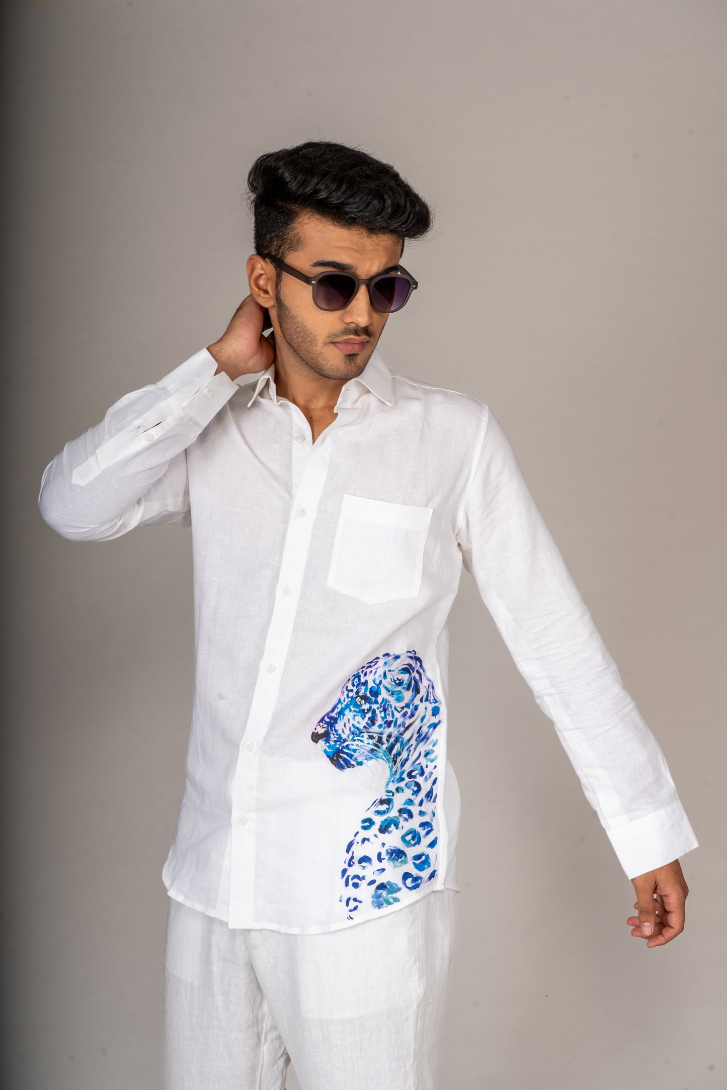 CHEETAH PAINTED WHITE LINEN SHIRT