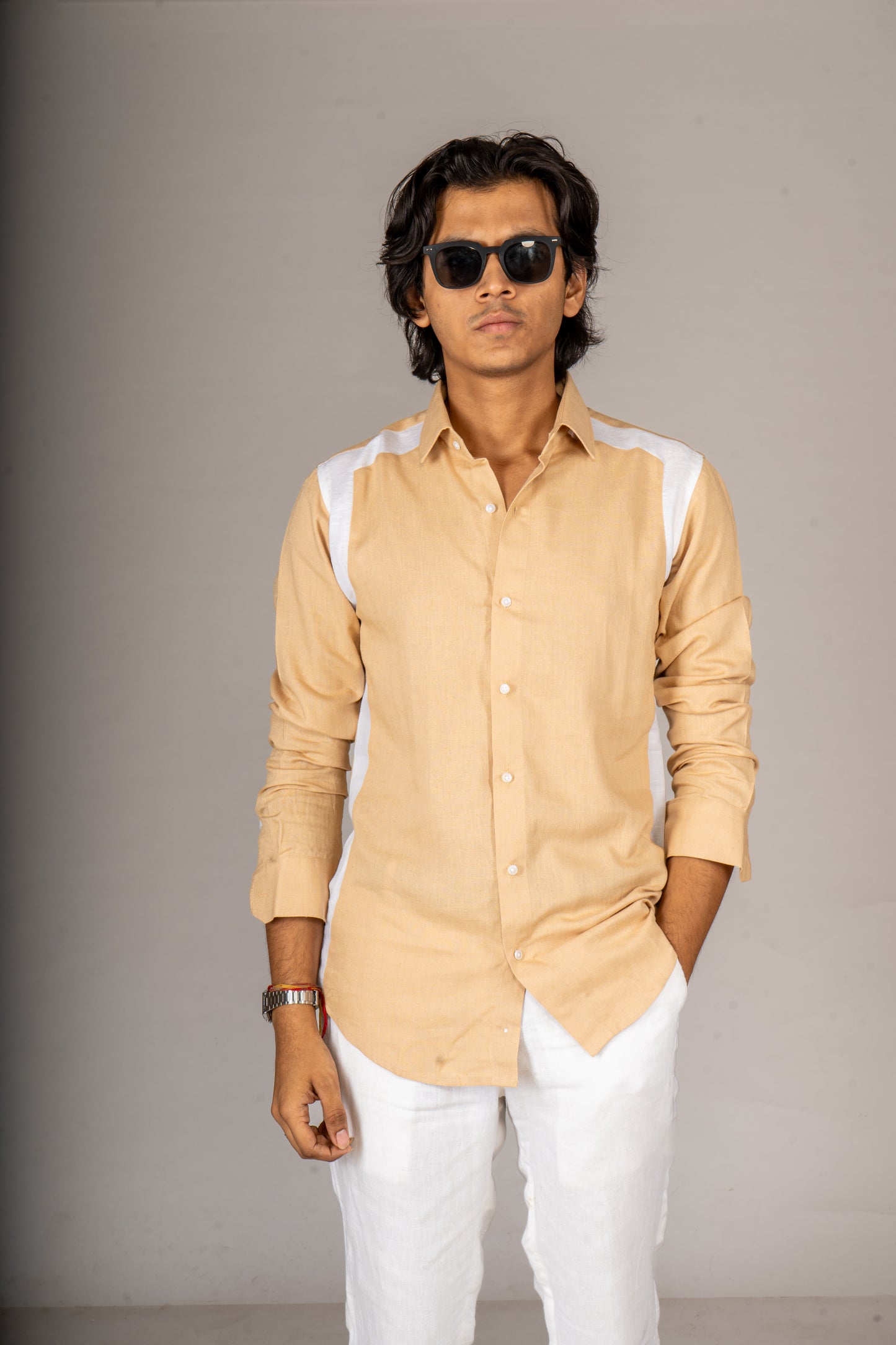 SIDE PATCH BEIGE LINEN SHIRT