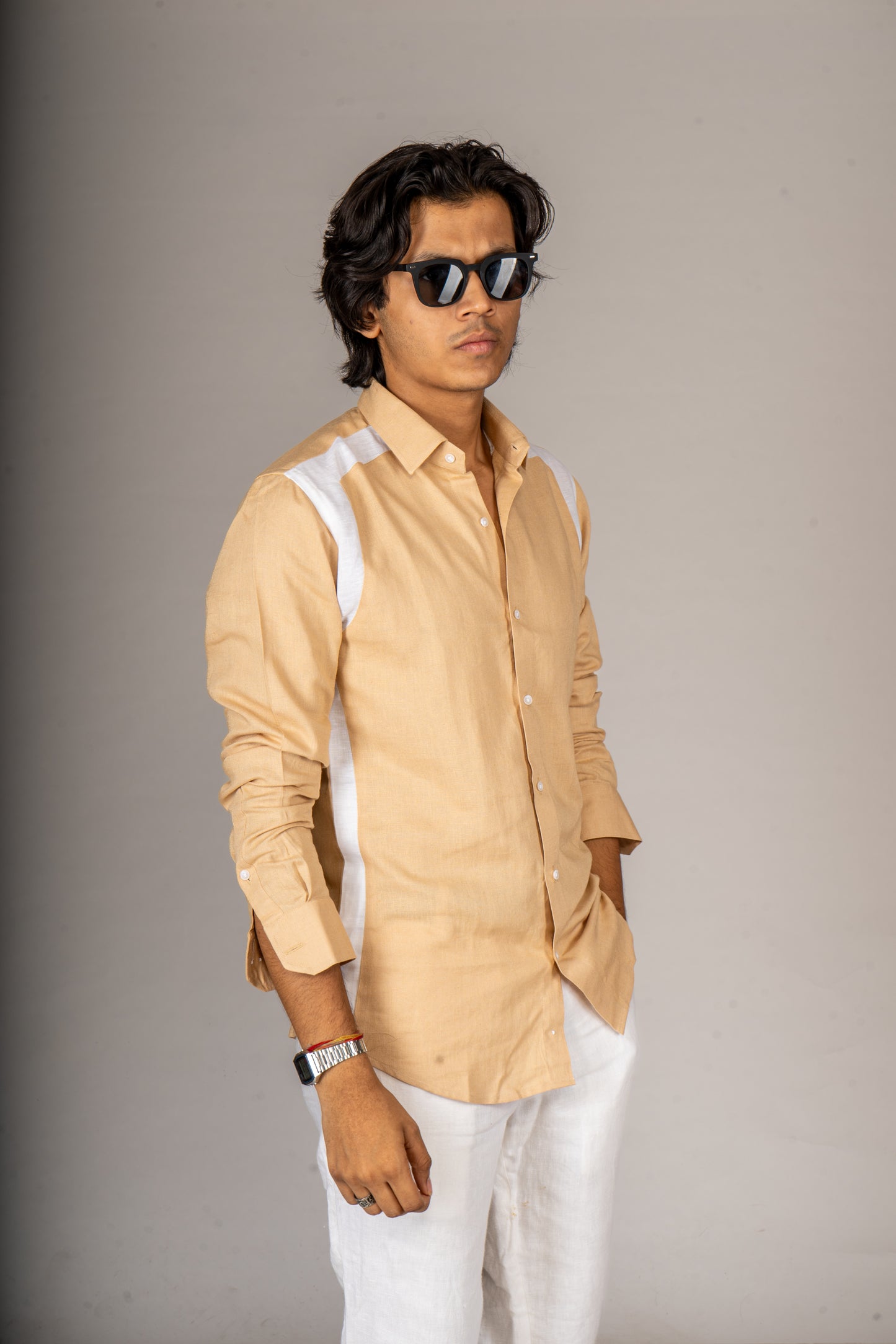 SIDE PATCH BEIGE LINEN SHIRT