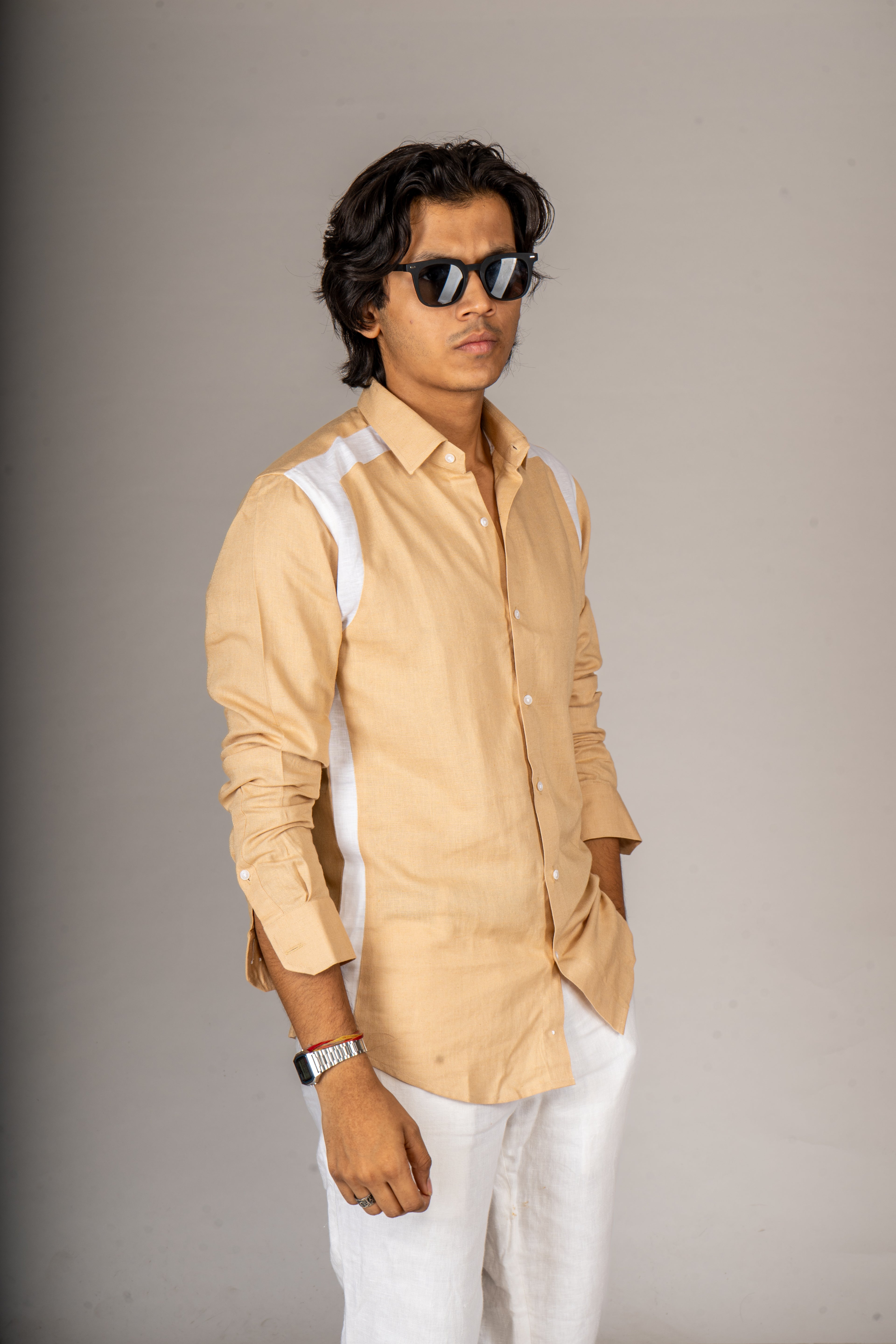 SIDE PATCH BEIGE LINEN SHIRT - Menoir