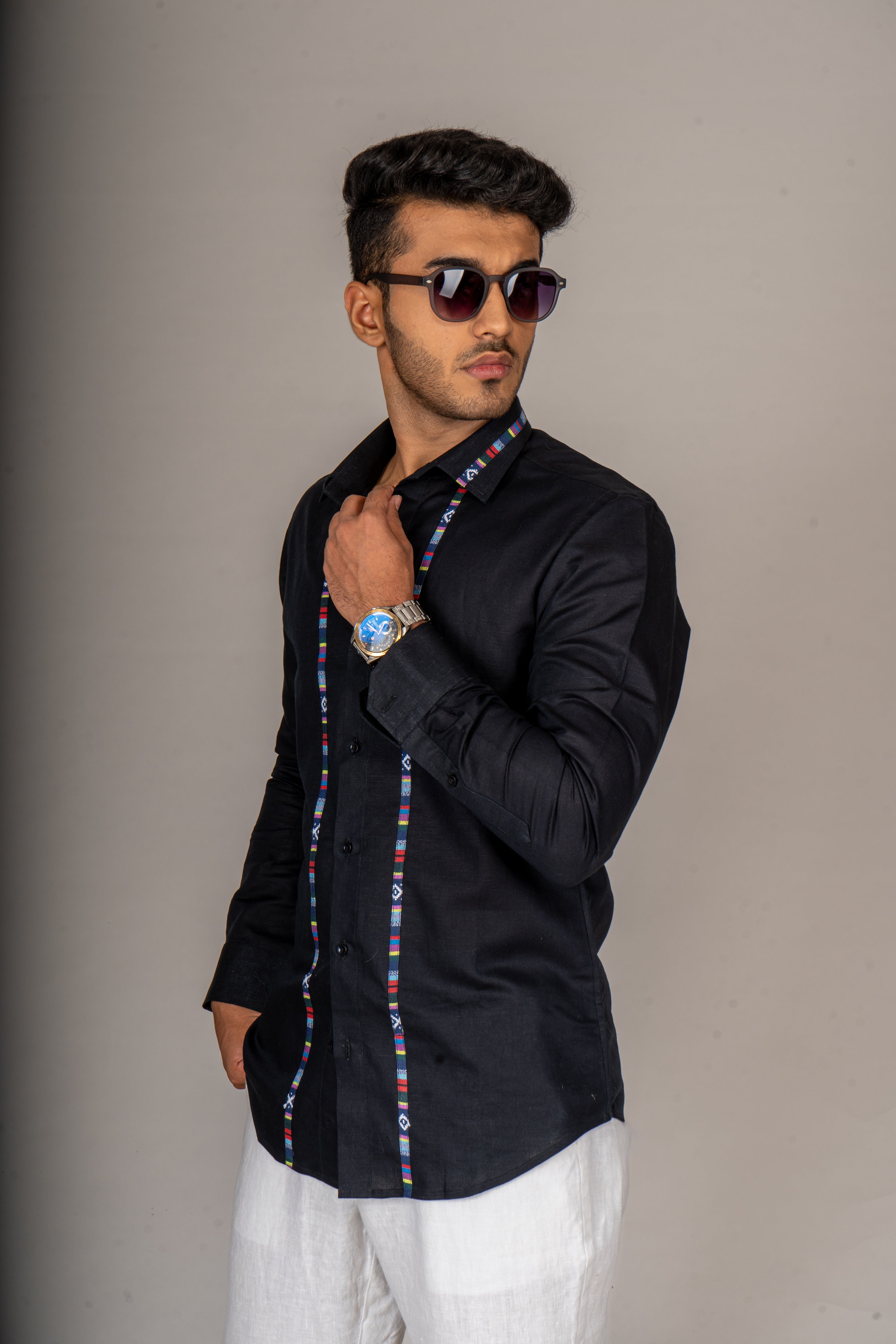 MULTI STRIPE BLACK LINEN SHIRT - Menoir