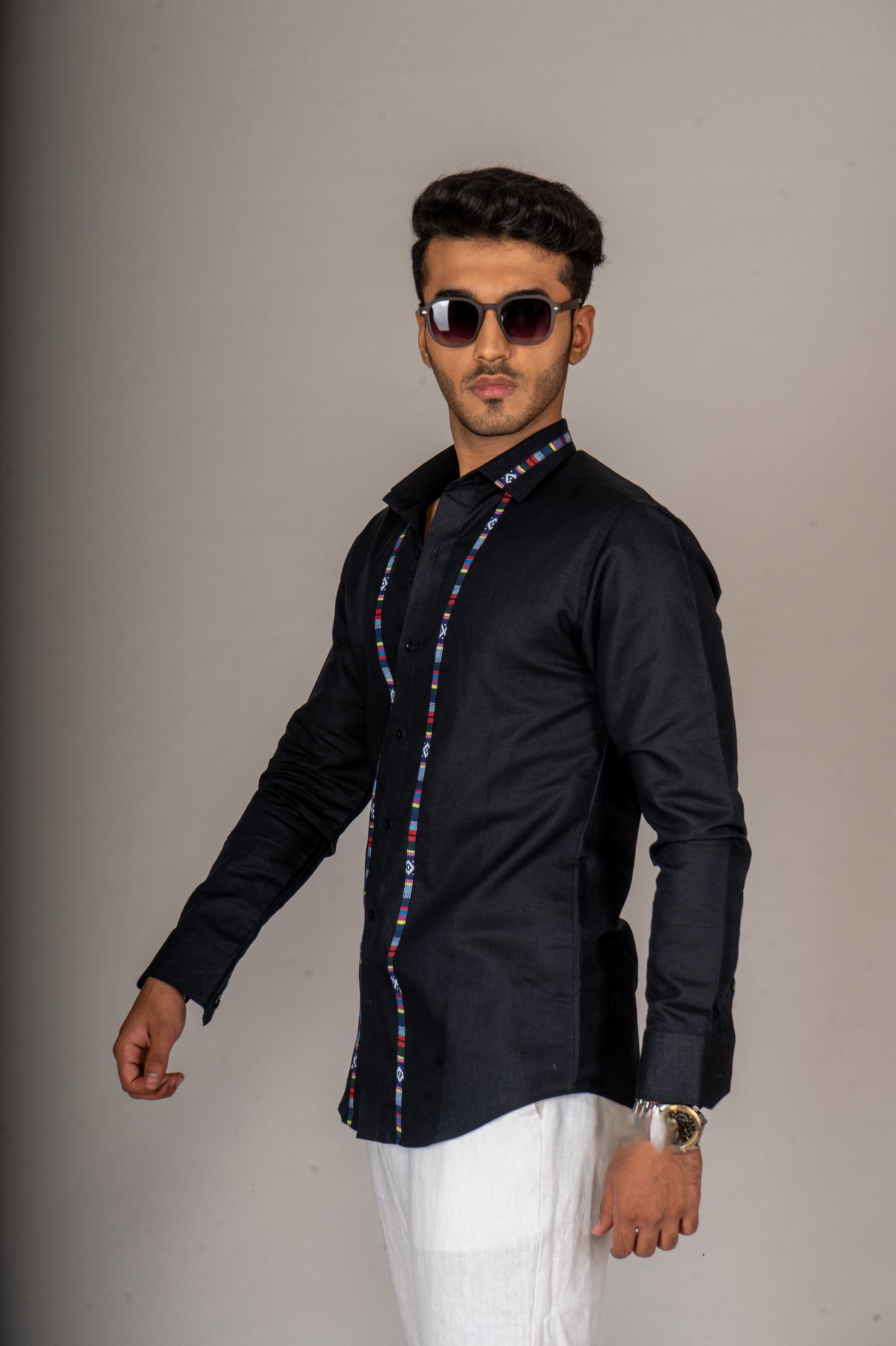 MULTI STRIPE BLACK LINEN SHIRT