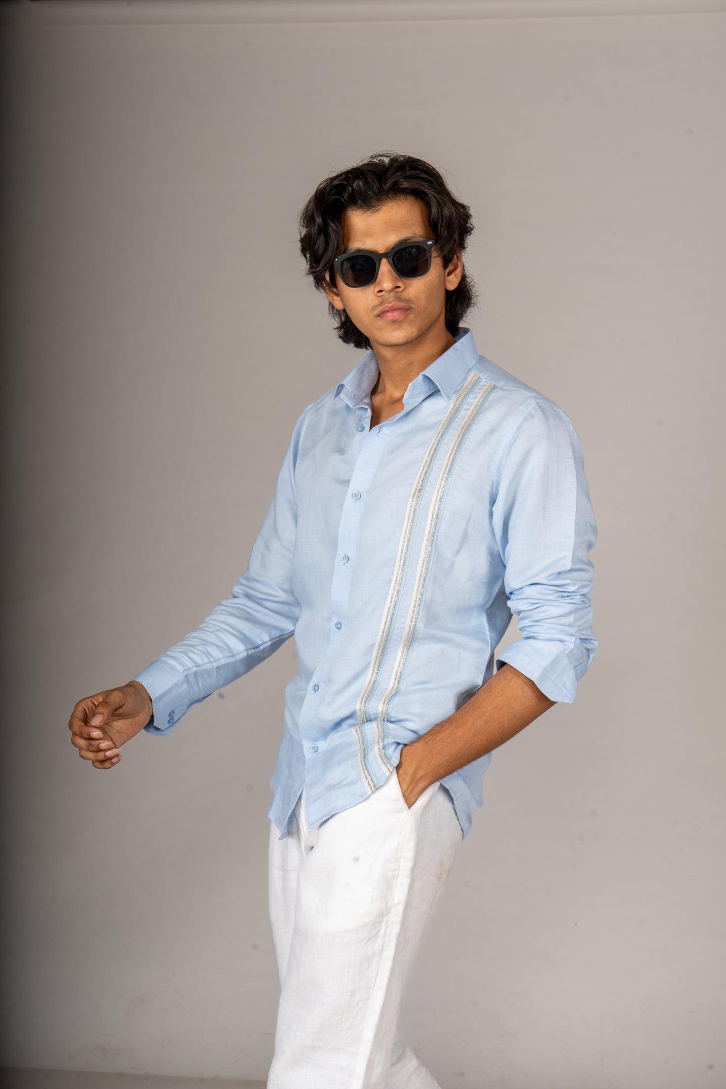 2 STRIPE SILVER BLUE LINEN SHIRT