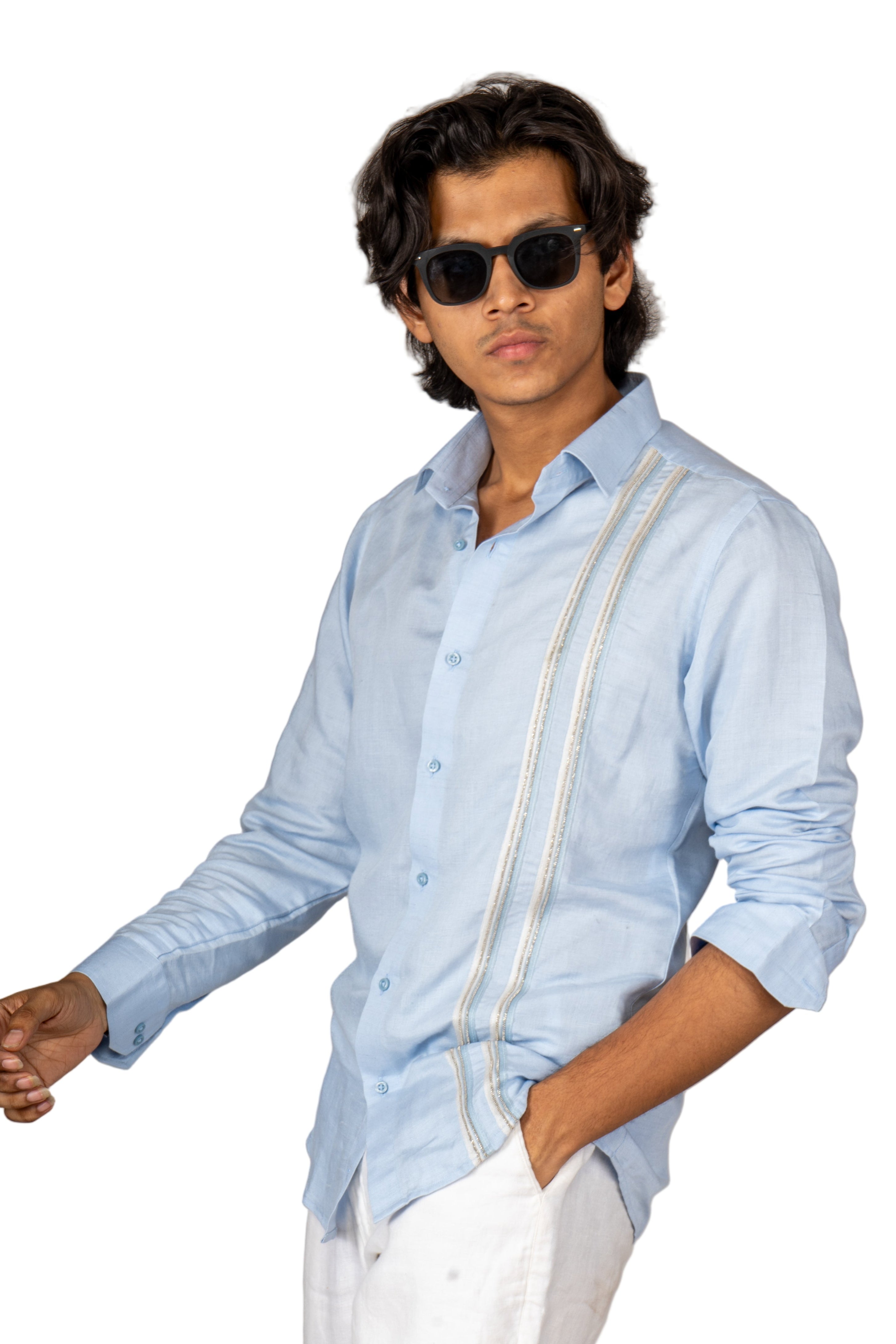 2 STRIPE SILVER BLUE LINEN SHIRT - Menoir