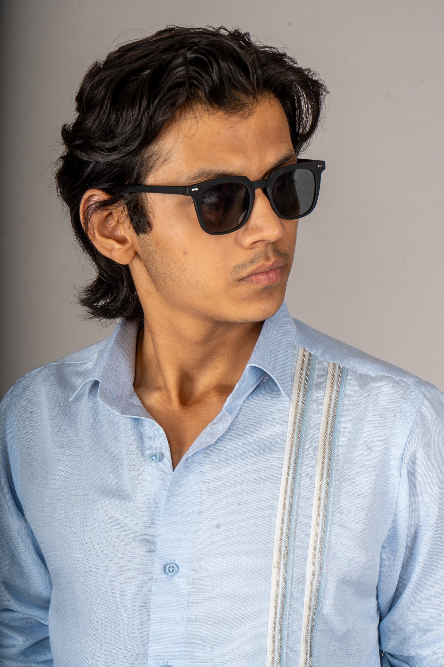 2 STRIPE SILVER BLUE LINEN SHIRT