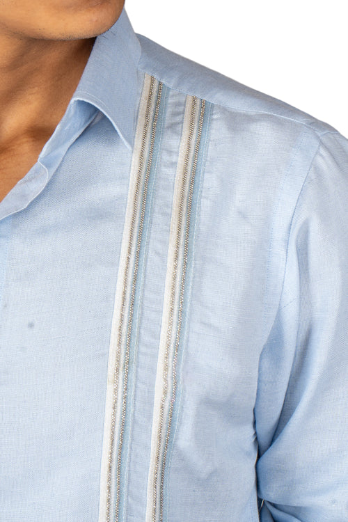 2 STRIPE SILVER BLUE LINEN SHIRT - Menoir