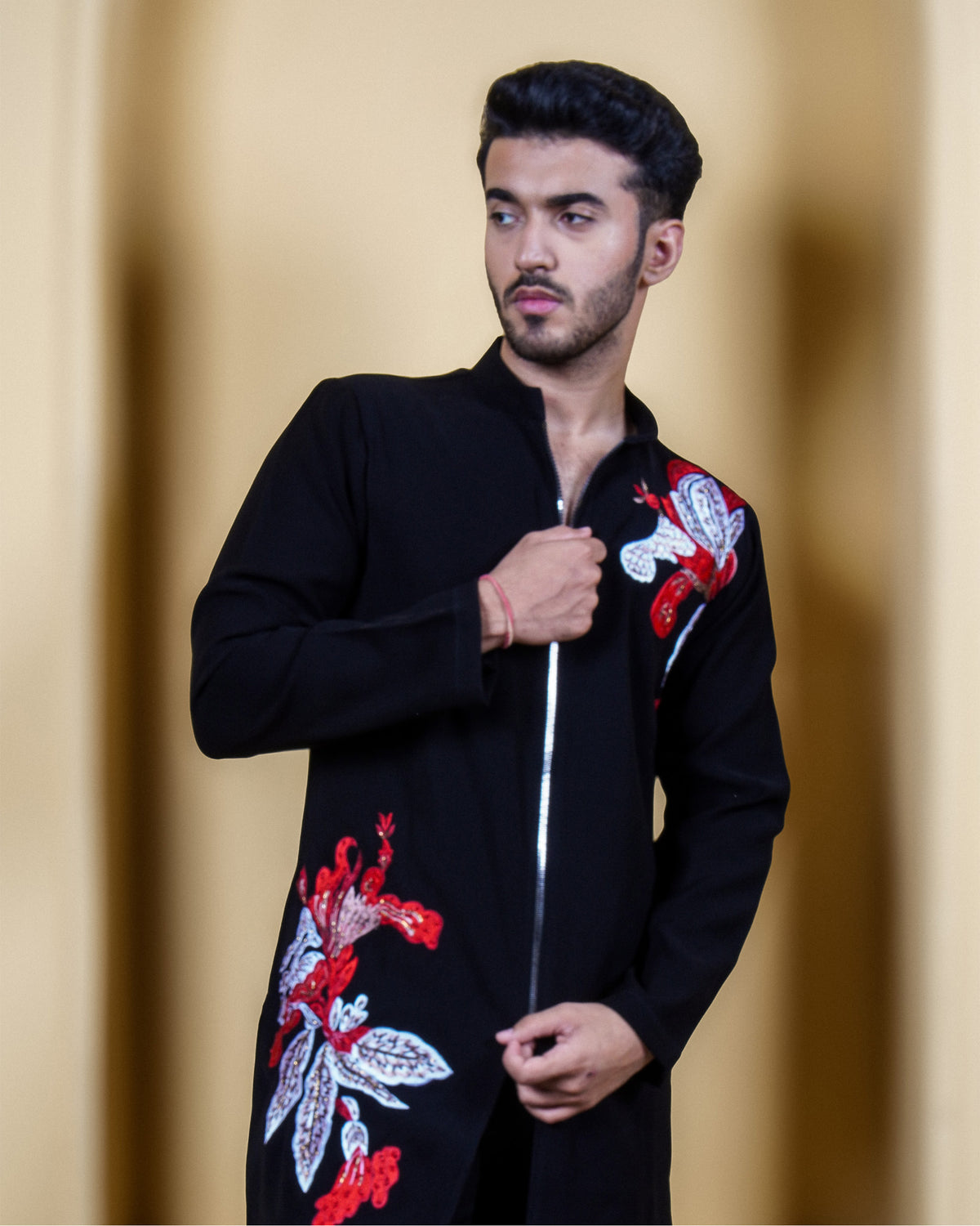 Crimson Bloom Black Embroidered Zip Kurta