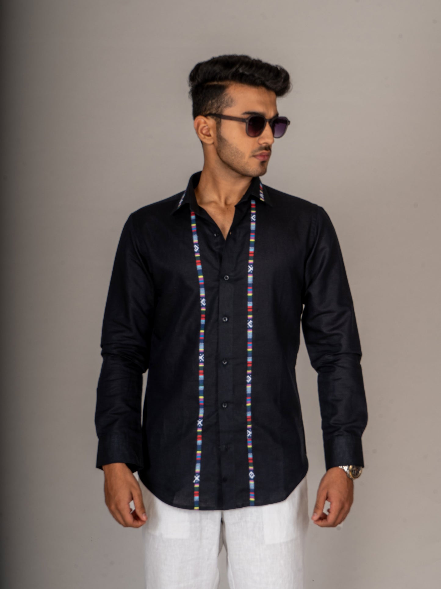 MULTI STRIPE BLACK LINEN SHIRT