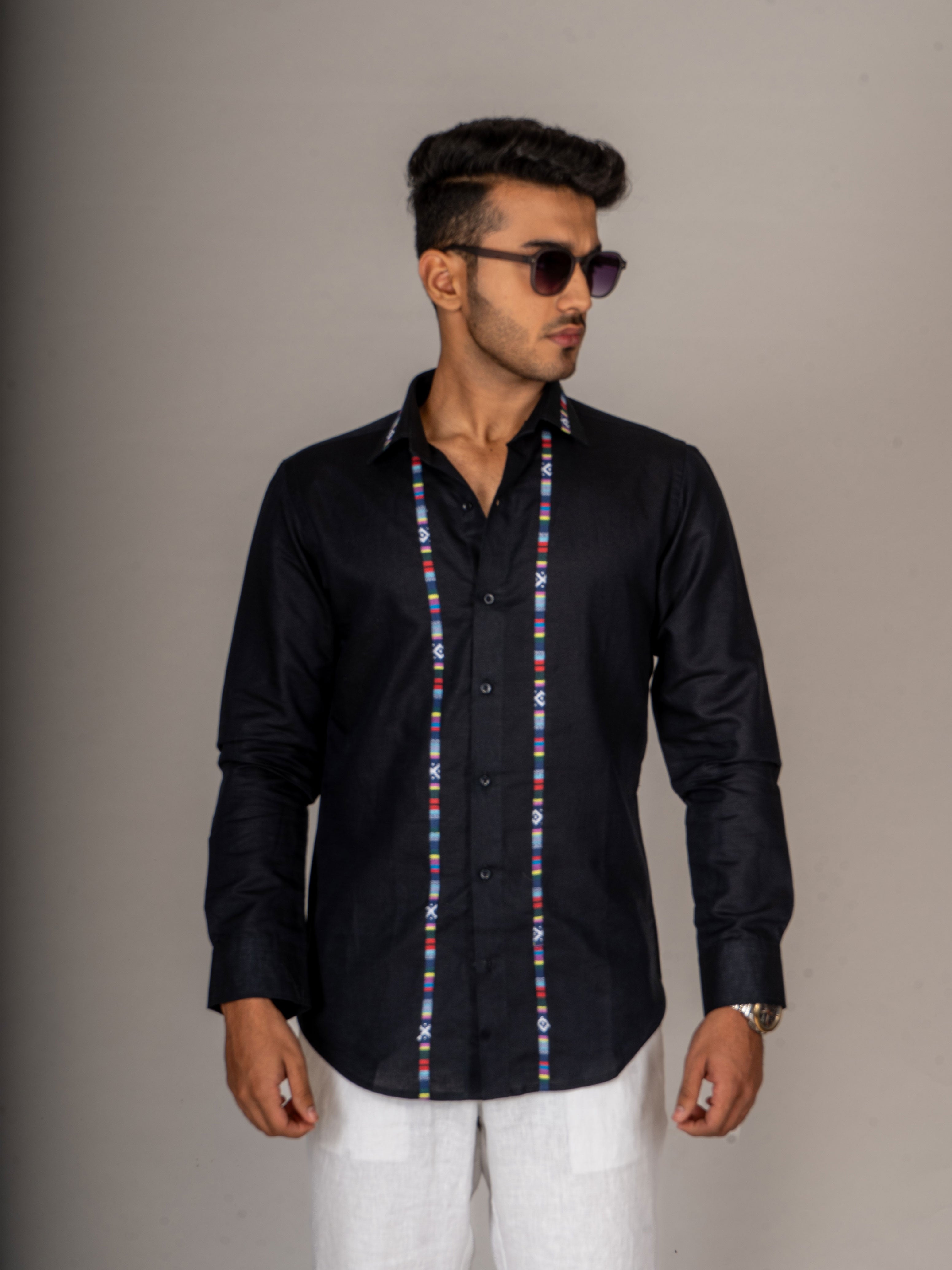 MULTI STRIPE BLACK LINEN SHIRT - Menoir
