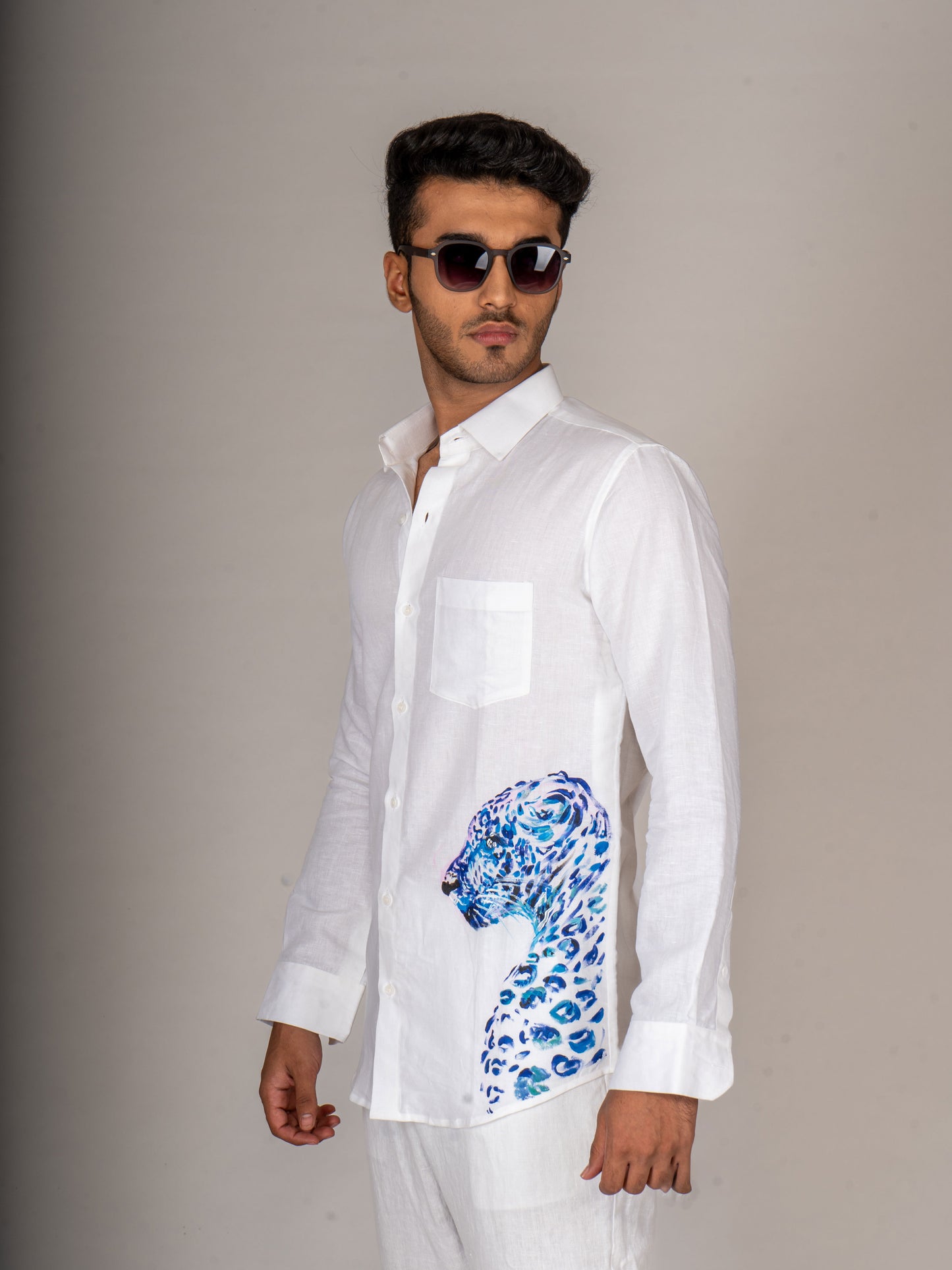 CHEETAH PAINTED WHITE LINEN SHIRT