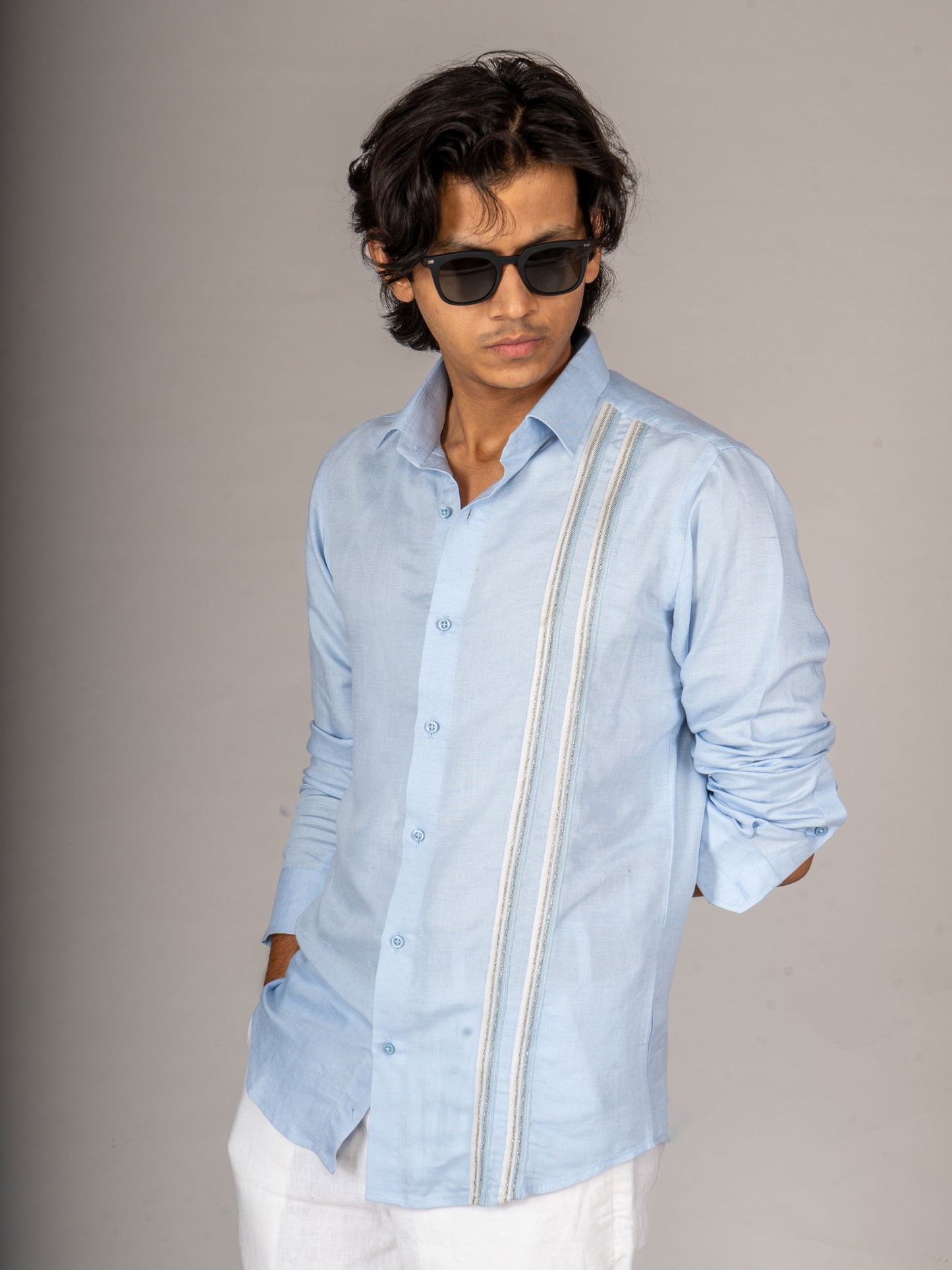 2 STRIPE SILVER BLUE LINEN SHIRT