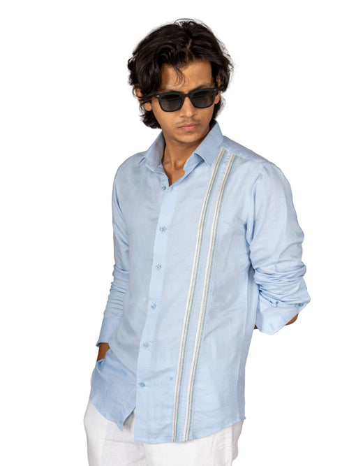 2 STRIPE SILVER BLUE LINEN SHIRT - Menoir