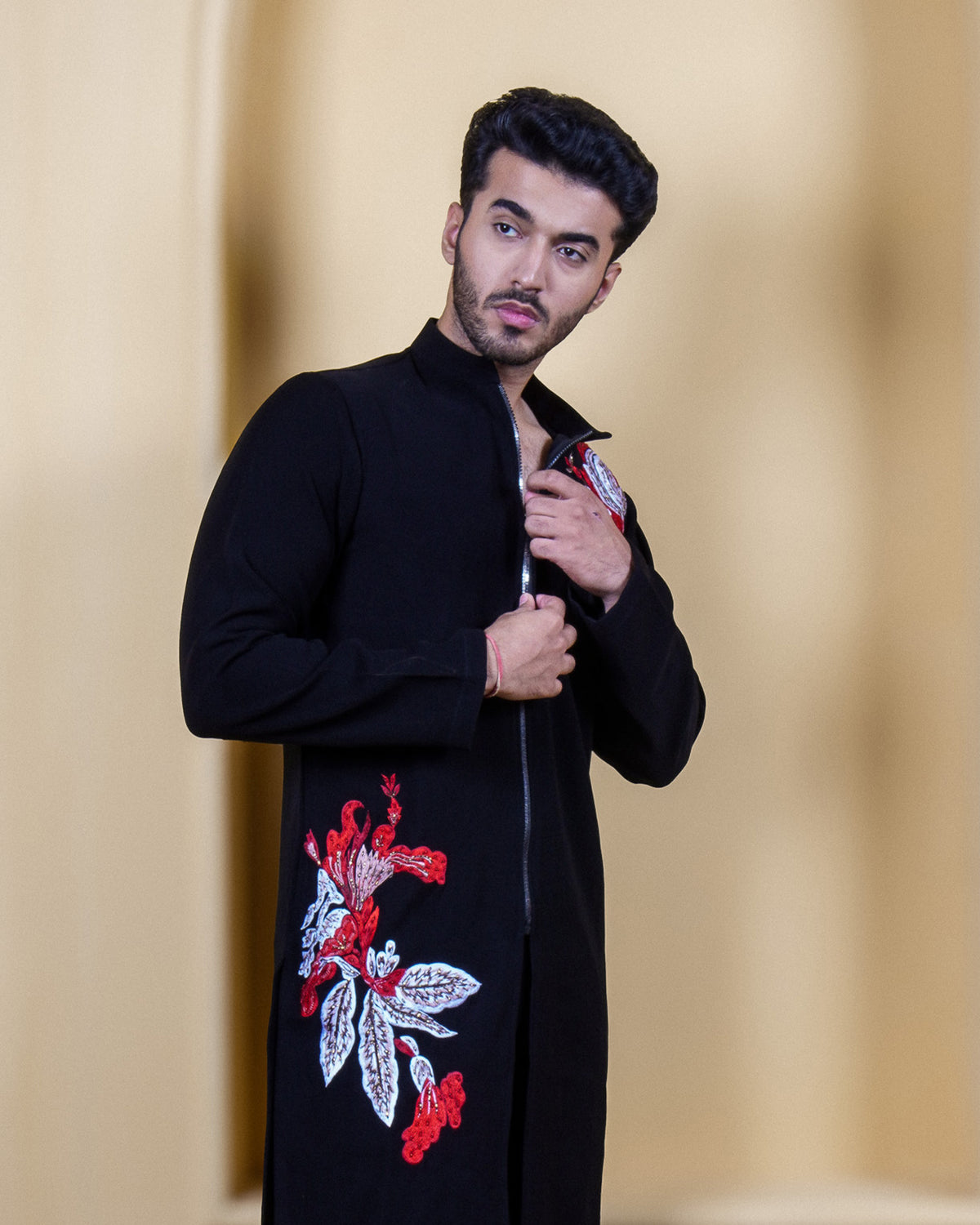 Crimson Bloom Black Embroidered Zip Kurta