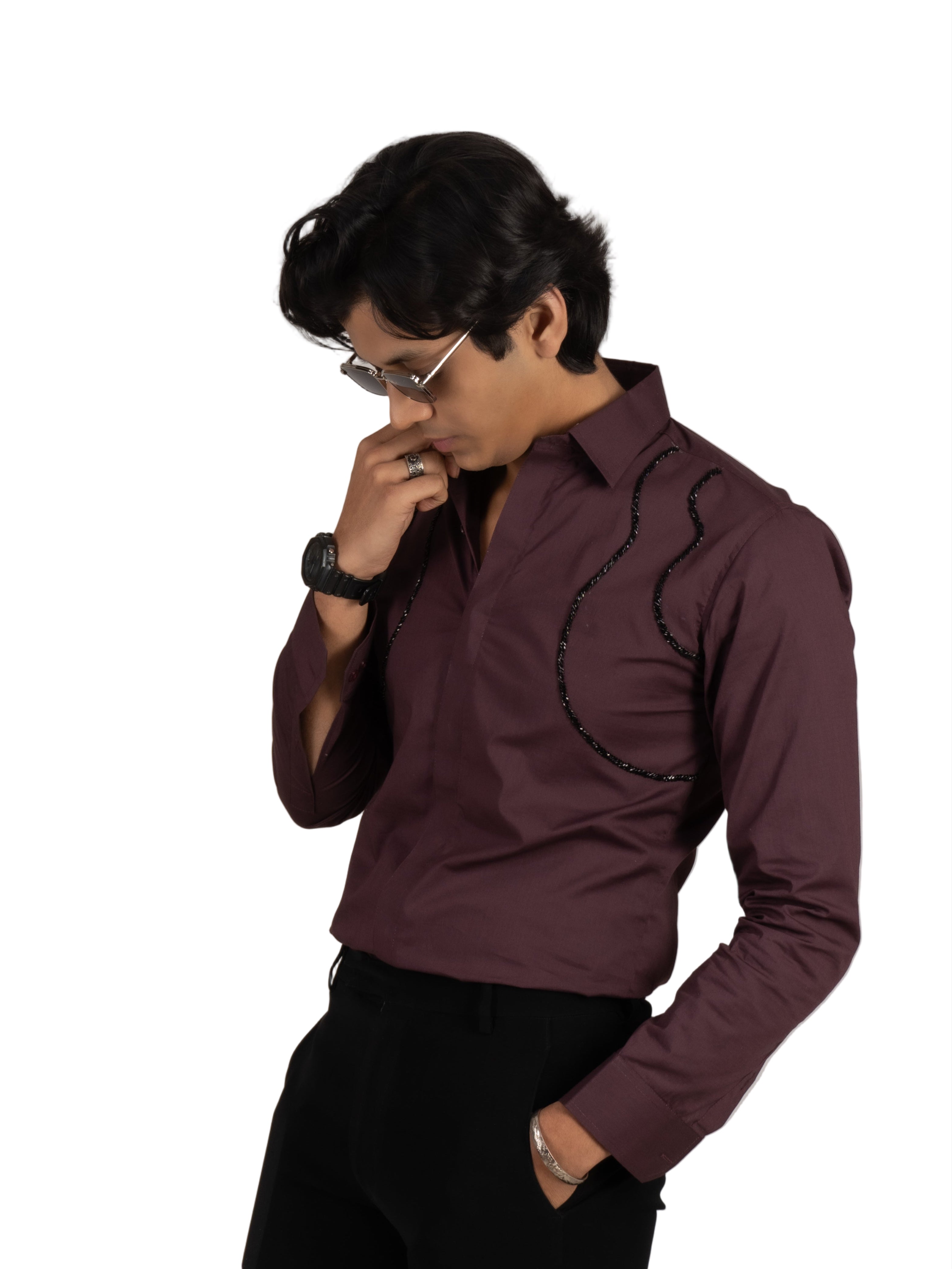 WAVE EMBROIDERED WINE SHIRT - Menoir