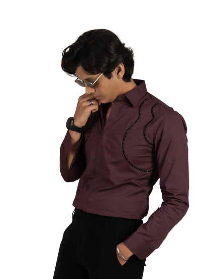 WAVE EMBROIDERED WINE SHIRT