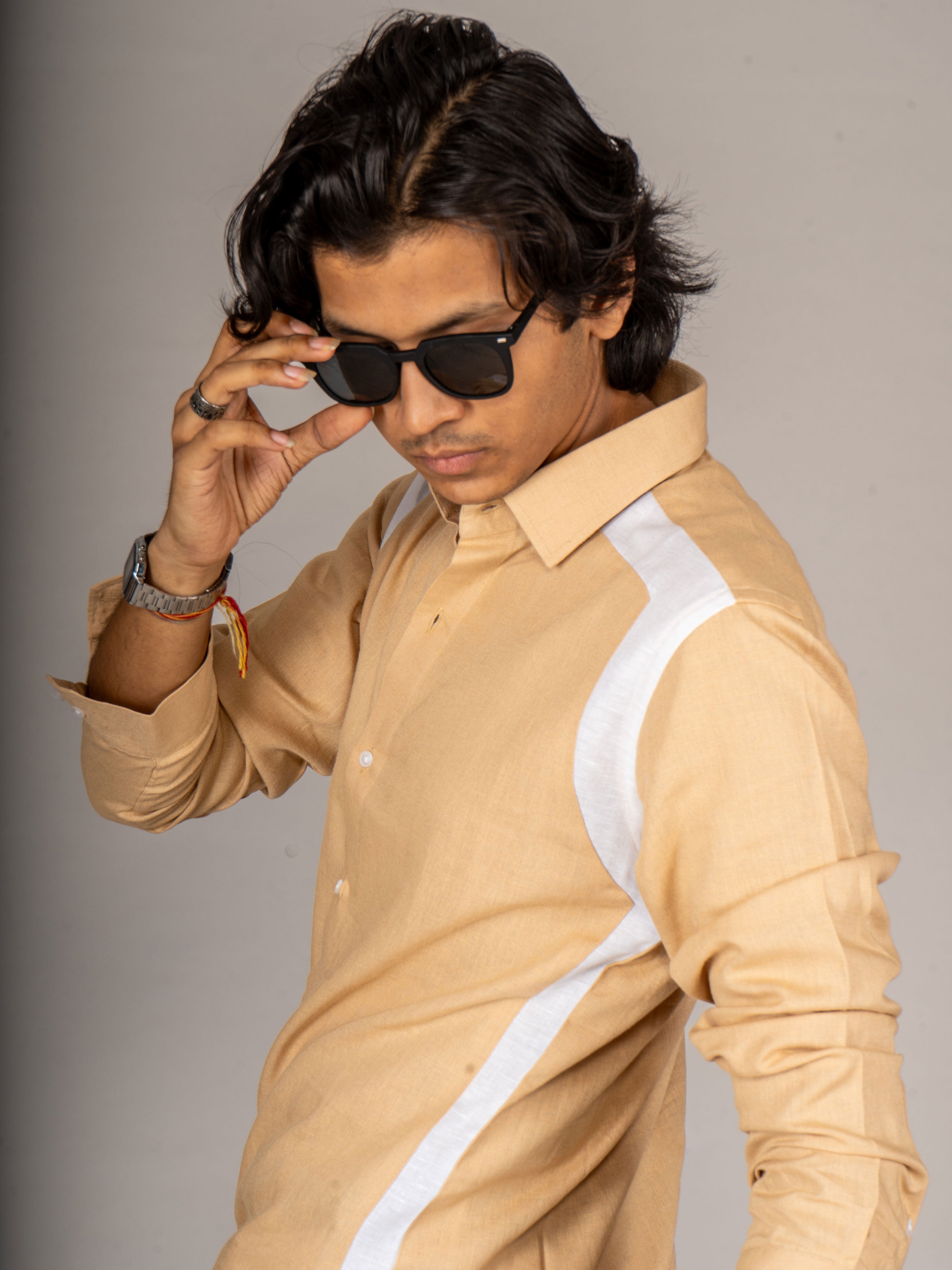 SIDE PATCH BEIGE LINEN SHIRT - Menoir